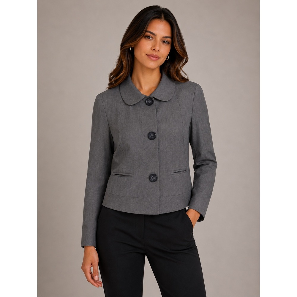Kim Rogers Grey Peter Pan‎ Collar Button Up Blazer Jacket Size 12 Office Career